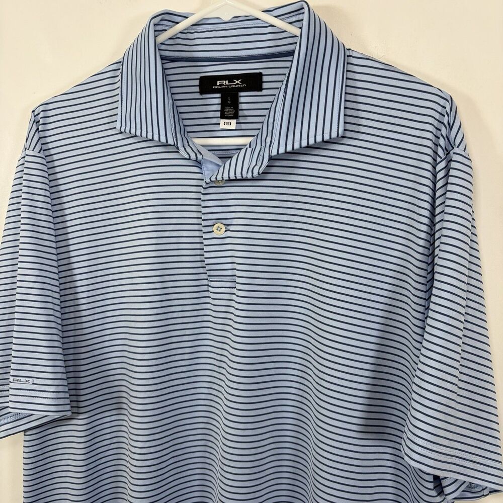 RLX Ralph Lauren Golf Polo Shirt Mens Large Blue Striped Performance Stretch